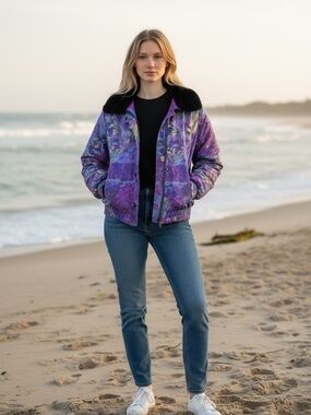 NILS Purple Floral Quilted Jacket with Black Faux Fur Collar